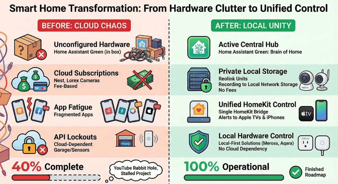 Infographic comparing a smart home before and after Serenity Smart Homes helped with a Home Assistant setup: left side shows cloud chaos with an unconfigured Home Assistant Green, Nest and Lorex cameras with paid subscriptions, fragmented apps, and a Chamberlain garage door locked behind a proprietary API — labeled 40% complete. Right side shows local unity with Home Assistant Green as the central hub, Reolink cameras recording to private local network storage, a unified HomeKit bridge sending alerts to Apple TVs and iPhones, and local-first hardware control via Meross and Aqara with no cloud dependency — labeled 100% operational.