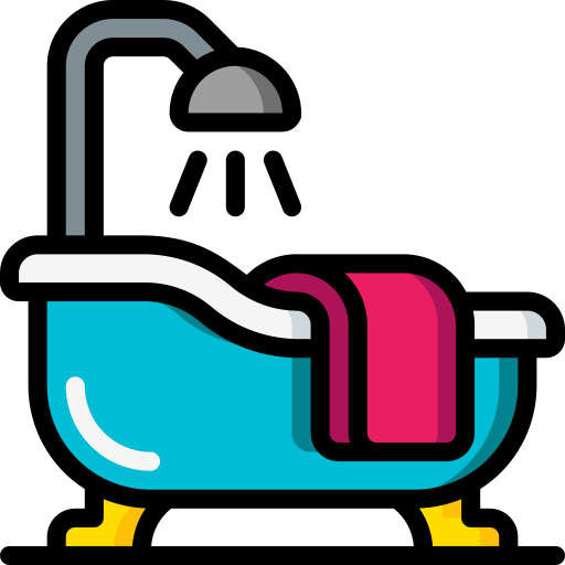 Icon of a claw-foot bathtub with shower fixture and towel hanging off the side