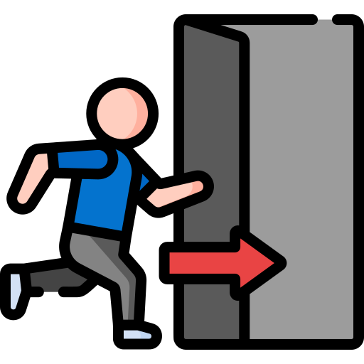 Icon depicting person running out of an open door