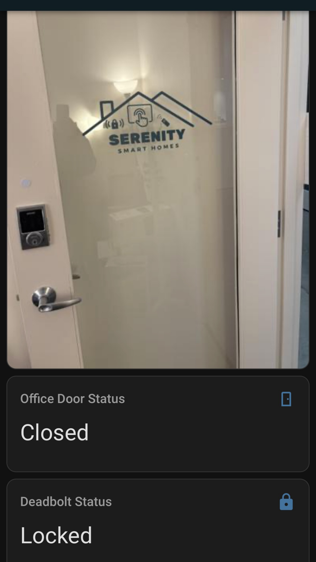 Image of Serenity Smart Homes office door with locked/unlocked and open/closed status